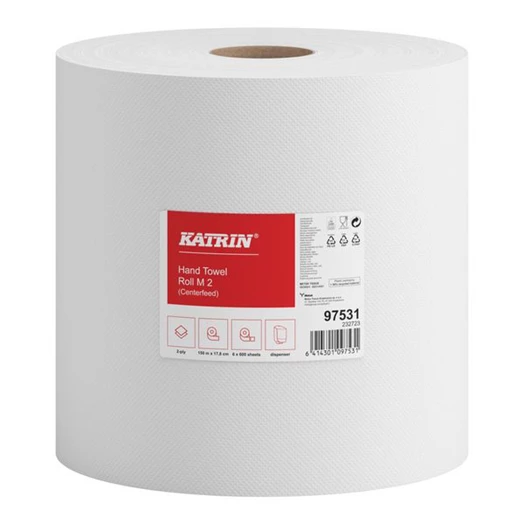 Kéztörlő tekercses KATRIN Medium 19 cm 600 lap 2 rétegű fehér 6 tekercs/csomag