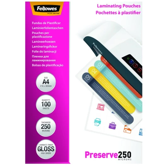 Lamináló fólia FELLOWES A/4 250 mikron fényes 100/csom