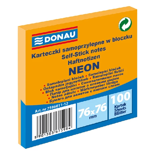 Öntapadó jegyzettömb DONAU 76x76 mm 100 lap neon narancssárga